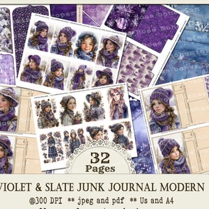 Winter Junk Journal Modern Violet and Slate,  Winter Snow and Nature Water Color Pages, Christmas Junk JOurnal, Santa Journal, Frosty WOnder