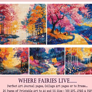 Pagine d'arte digitale con collage di foreste, bellissime pagine di diario d'arte, pagine d'arte stampabili con tecniche miste, pagine d'arte di diario, tecniche miste