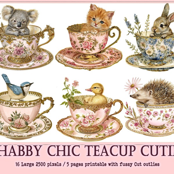 SHabby Chic Teacup Animals,  Tea Time, China Cups with Kittens, Tea Cups and Bunnies, Shabby Chic Spring Teacup transparent png, sublimation