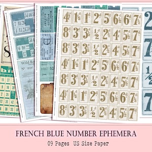 Number Labels, VIntage number label ephemera, french blue numbers, french blue digital numbers, price tags, printable junk journal numbers