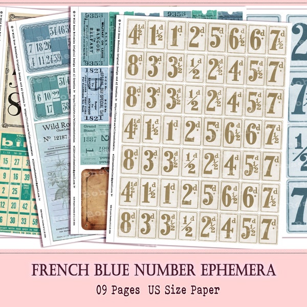 Number Labels, VIntage number label ephemera, french blue numbers, french blue digital numbers, price tags, printable junk journal numbers