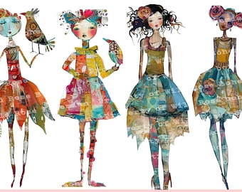 Collaged Art Paper Dolls, Mixed Media Girls Printable, Printable Sublimation Mixed Media, Printable Digital Doll Transparent PNGS