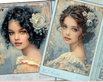 Victorian Beauties Printable EPhemera, Shabby Chic French Blue Women  Cabinet Cards, Junk Journal Kit, Hang Tags Digital