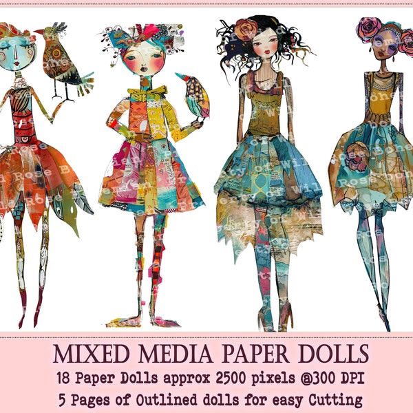 Collaged Art Paper Dolls, Mixed Media Girls Printable, Printable Sublimation Mixed Media, Printable Digital Doll Transparent PNGS