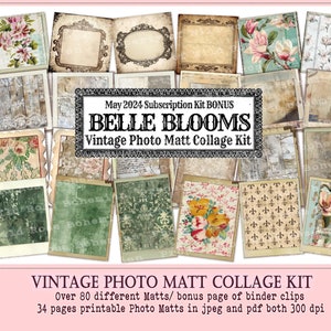 May include: A digital collage kit featuring vintage floral patterns, wood textures, and ornate frames. The kit includes 34 pages of printable photo mats in JPEG and PDF format, with a resolution of 300 dpi. The kit is titled "Belle Blooms Vintage Photo Matt Collage Kit".