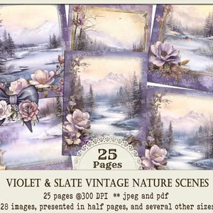 Victorian Nature Scenes in Violet and Slate Winter Pattern, Mountains and Wildflower Winter Scenes,  Printable JOurnal Pages, Lavender,