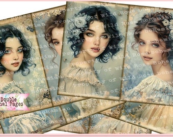May include: Twelve double-sided journal pages featuring a shabby chic French blue aesthetic. Each page features a vintage-inspired illustration of a woman with blue eyes and a floral crown. The pages are designed for use in US Letter size journals.