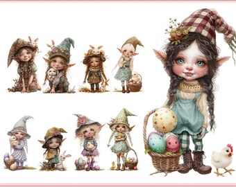 Easter Gnomes PNG Clipart: Eggs, Elf Graphics Easter Gnomes clipart, PRintable fussy cuts for journals, transparent png files