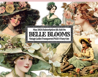 May include: A digital download of vintage ladies images in PNG format. The images are transparent and have a white background. The images are perfect for scrapbooking, card making, and other crafting projects. The images are part of the Belle Blooms Collection and May 2024 Subscription Kit.