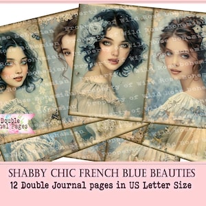 French Blue Victorian Beauties Printable Journal Pages, Shabby Chic women Double Journal pages, Junk Journal Kit, Journal Pages Digital
