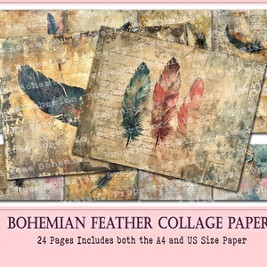 Boho Junk Journal Paper | Feather Junk Journal Kit | Collage Printable Journal Pages | Digital Paper Ephemera | Distressed Collage Bohemian