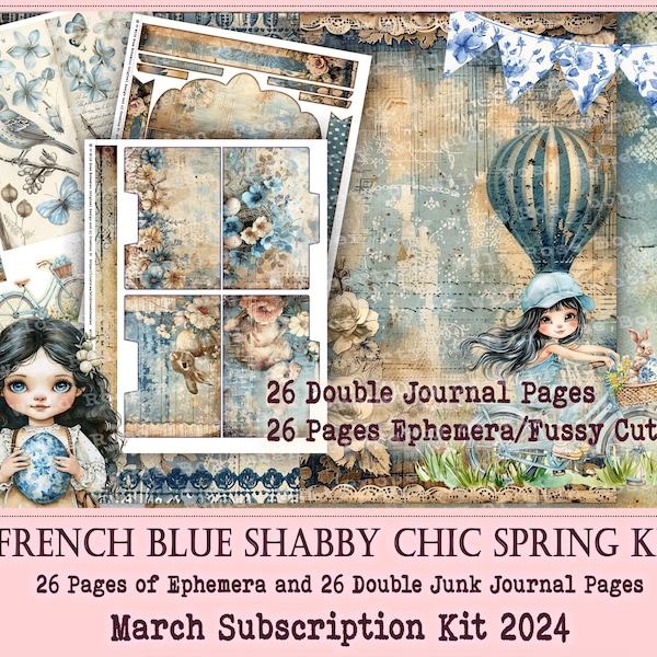 SHabby Chic Junk Journal Kit, Printable French Blue SPring Printable Ephemera, Easter Printable Journal Kit, Junk Journal Spring Fussy Cuts