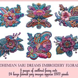 Geborduurde boho bloemenprint | Lotusbloemen, borduurwerk clipart voor boho collage boho | Boho-clipart | Boho-sublimatie