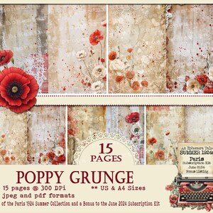 Floral Collage French Paper, Red Poppy Digital Paper, collaged French Paper, Shabby Chic Floral Red French Paper, Collaged Poppies French