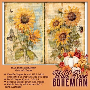 Sunflower Digital Paper,  Fall Sunflower Journal Pages, Junk Journal Pages,  Sunflower Half Pages, Instant Download, Sunflower Ephemera
