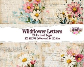 May include: A set of 25 digital journal pages featuring a vintage aesthetic with handwritten text and floral illustrations of daisies and pink wildflowers. The pages are 300 DPI and sized for US Letter and A4 UK paper.
