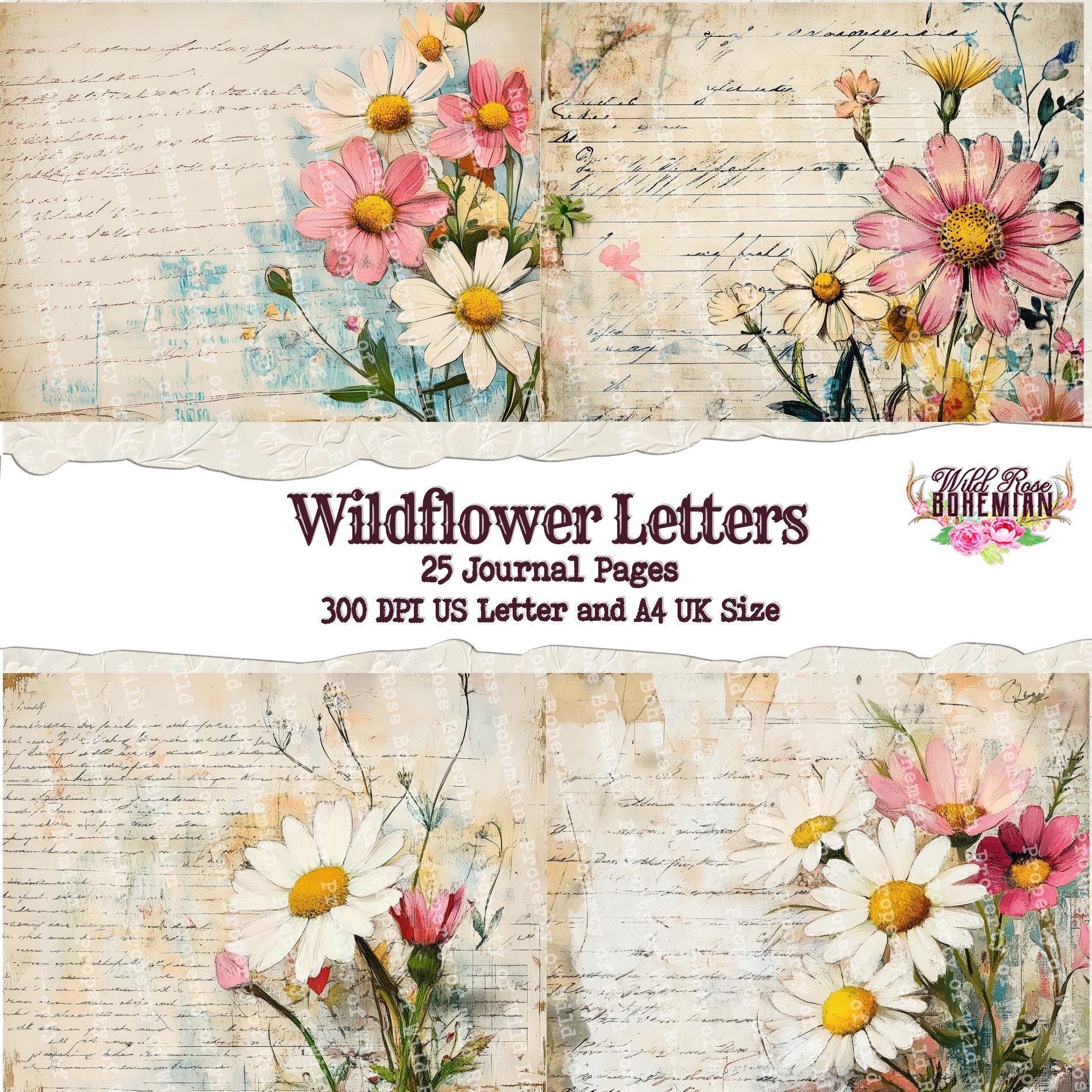 Wildflower Junk Journal Paper: Vintage Script, Daisy Ephemera (Digital Download)