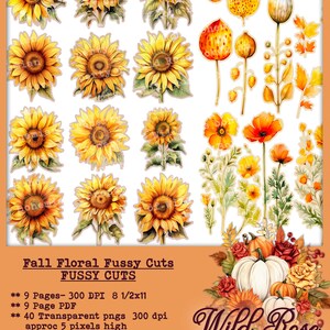 May include: A set of 40 digital fall floral fussy cuts, including sunflowers, poppy flowers, and pumpkins. The digital images are perfect for crafting projects, scrapbooking, and card making. The images are high resolution and come in a variety of sizes.  Wild Rose Bohemian.