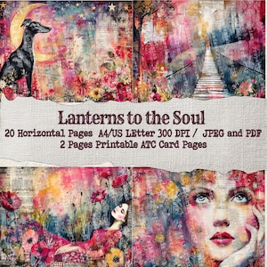 Könnte beinhalten: Ein digitaler Kunstdruck mit dem Titel "Lanterns to the Soul" mit einer Collage aus farbenfroher abstrakter Kunst. Das Kunstwerk zeigt einen Windhund, Blumen, eine Brücke und ein Frauengesicht. Der Text auf dem Bild lautet "20 horizontale Seiten A4/US Letter 300 DPI / JPEG und PDF".