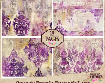 Grunge Damask Junk Journal Paper: Grungy Purple Collage sheets, Scrapbookpaper, Junk Journal  supplies Ephemera Pages and Paper, Collage Art