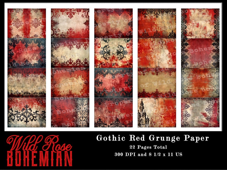 May include: A set of 22 digital papers in a gothic red grunge style with black damask patterns. The papers are 300 DPI and measure 8.5 x 11 inches.