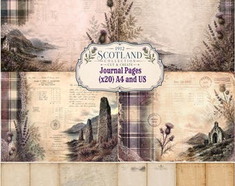 May include: A collection of twenty vintage-style journal pages featuring Scottish landscapes, thistle illustrations, tartan patterns, and historical document textures. The central label reads 1912 SCOTLAND COLLECTION CUT & CREATE Journal Pages (x20) A4 and US.