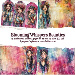 May include: A collection of digital journal pages and ephemera featuring watercolor illustrations of women with floral headpieces. The text "Blooming Whispers Beauties" is displayed. The set includes 18 horizontal journal pages in A4 and US size, plus 7 pages of ephemera.
