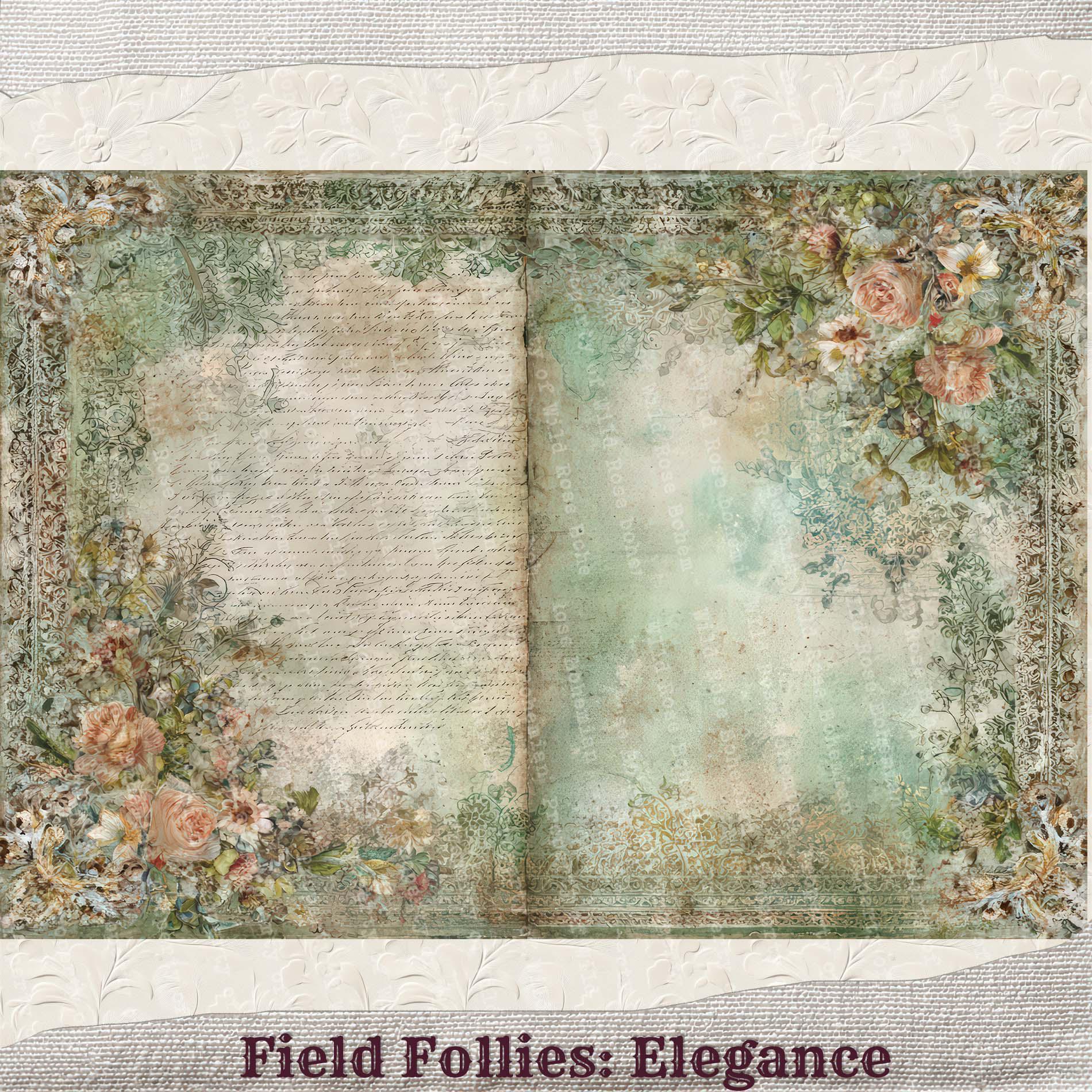 Floral Script Scrapbook Paper, Vintage Botanical Shabby Chic ...