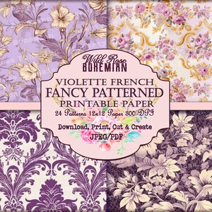 French Patterned Vintage Paper Purple Seamless 12x12 Paper, purple floral damask pattern paper, rococo patterns, baroque pattern scrapbook image 3