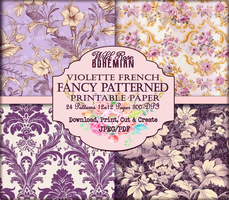French Patterned Vintage Paper Purple Seamless 12x12 Paper, purple floral damask pattern paper, rococo patterns, baroque pattern scrapbook image 3