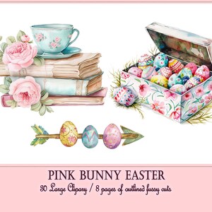 May include: A watercolour illustration of Easter-themed clipart featuring a stack of books with pink roses and a teacup, a box filled with colourful eggs, and three eggs on an arrow.