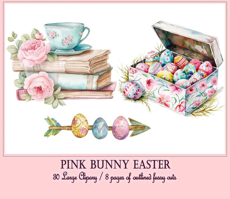 May include: A watercolour illustration of Easter-themed clipart featuring a stack of books with pink roses and a teacup, a box filled with colourful eggs, and three eggs on an arrow.