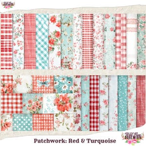 Pode incluir: Um pacote de papel digital com 24 padr&otilde;es diferentes com desenhos de xadrez vermelho e turquesa, florais e de bolinhas. O pacote &eacute; intitulado "Patchwork: Vermelho e Turquesa".