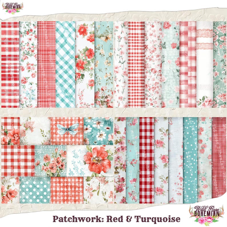Pode incluir: Um pacote de papel digital com 24 padr&otilde;es diferentes com desenhos de xadrez vermelho e turquesa, florais e de bolinhas. O pacote &eacute; intitulado "Patchwork: Vermelho e Turquesa".