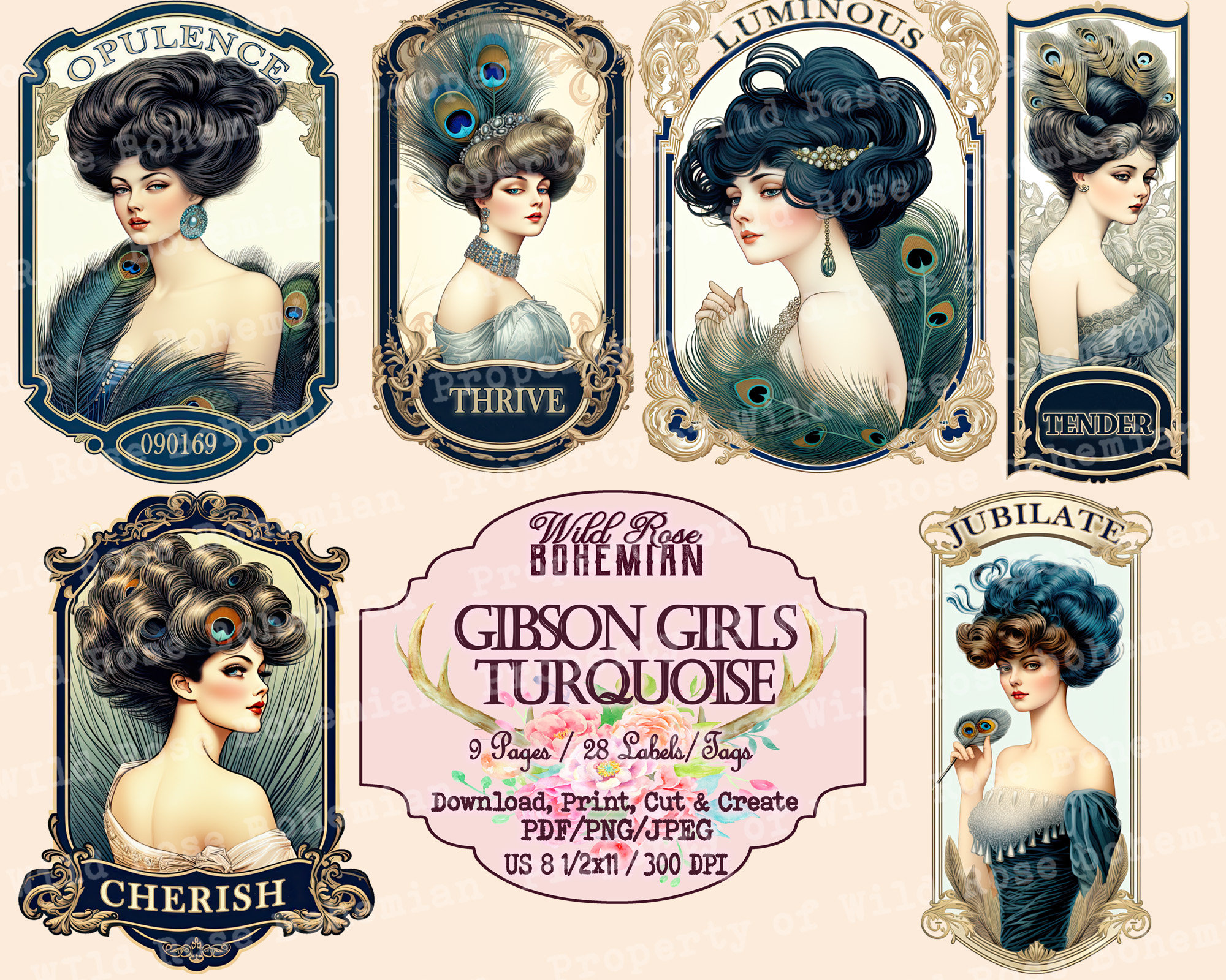 Gibson Girls Turquoise Ephemera, Art Nouveau, Gibson Girls Printable ...