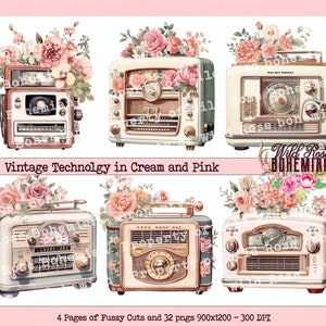 Shabby ChicTelevision graphics, Vintage Radio clipart, Vintage Pink and Cream Technology PNG, Printable Fussy Cuts, Typewriter, Camera