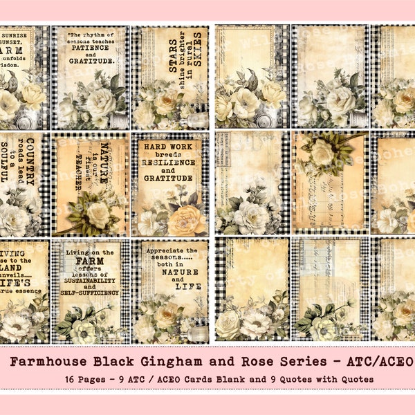Farmhouse Black Gingham and Rose ATC Cards, Farmhouse Printable Quotes, Farmhouse Ephemera, Printable Farmhouse Journal Cards, Farm Prints