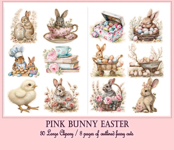 Pink Bunny Easter Clipart: Shabby Chic PNG Bundle, Cottage Core Sublimation Transparent Journal Stickers, Printable Stickers,