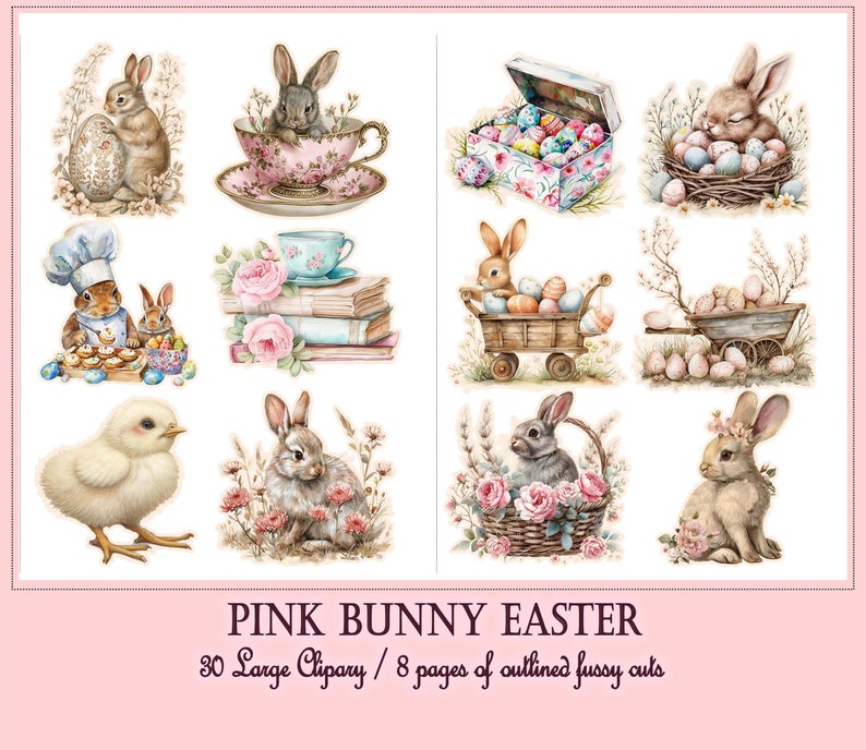 May include: A set of 30 digital clipart images featuring pink bunnies, Easter eggs, and other spring-themed elements. The clipart is ideal for crafting, scrapbooking, and other creative projects.