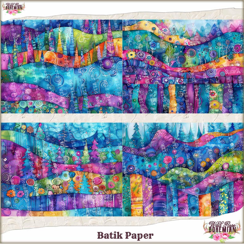 Mixed Media Collage Art, Batik Paper: Colorful Floral Designs for Art ...