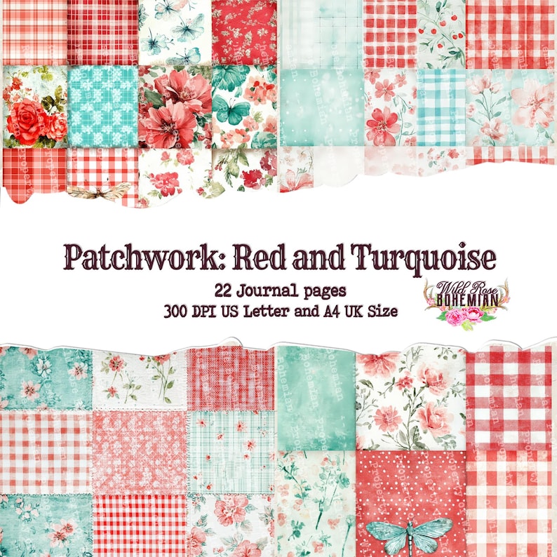 Pode incluir: Um pacote de papel digital com 22 designs de patchwork em vermelho, branco e turquesa com padr&otilde;es florais, vichy e borboletas. O pacote &eacute; de 300 DPI e inclui tamanhos US Letter e A4.