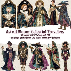 Astronomy, Celestial Time Traveler Fussy Cuts, Star Moon Sun Printable Graphics for Collage, Clipart Elements Cosmic Astral Bloom PNG