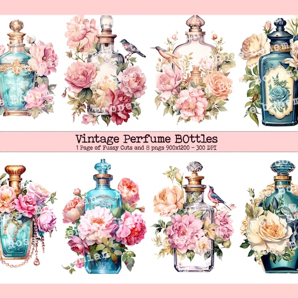 Vintage Perfume Bottles png, Cottage Core Perfume Bottles, Vintage Bottle Graphics , Shabby Chic Perfume Bottles Fussy Cuts