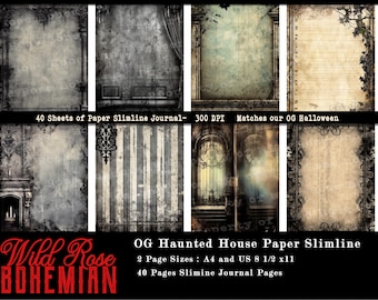 May include: A set of 40 digital papers in a haunted house theme. The papers are in a slimline journal size and are 300 DPI. The papers feature a variety of designs, including a fireplace, a striped wall, a doorway, and a blank page with a lace border. The papers are perfect for scrapbooking, card making, and other paper crafts.