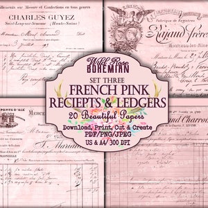 May include: Set of three printable pink French receipts and ledgers with vintage designs. The papers feature a floral motif and text in French. The papers are 20 beautiful papers, 300 DPI, and available in US and A4 sizes.