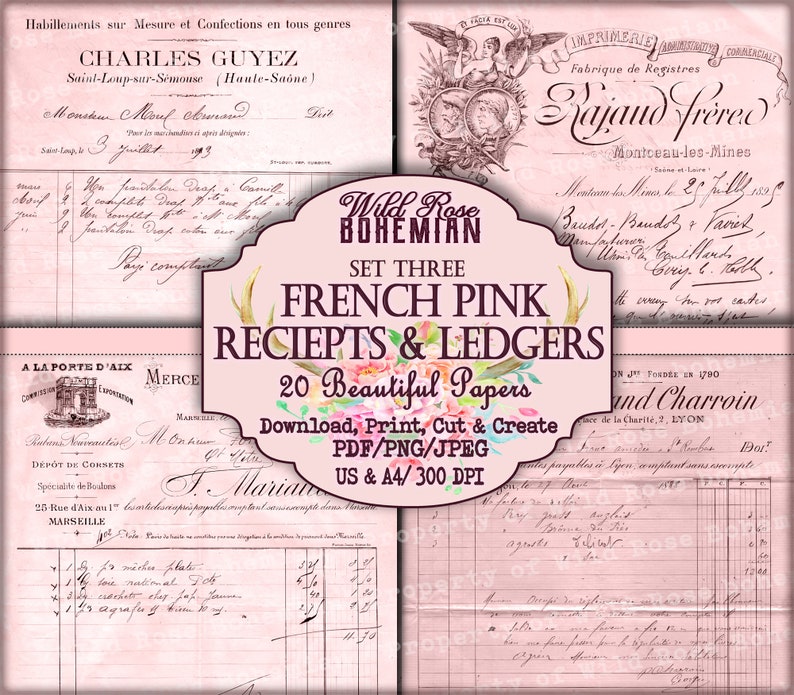 May include: Set of three printable pink French receipts and ledgers with vintage designs. The papers feature a floral motif and text in French. The papers are 20 beautiful papers, 300 DPI, and available in US and A4 sizes.