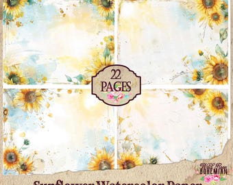 Sunflower watercolor Junk Journal Paper, Shabby Chic Sunflower Digital Paper, Floral Backgrounds, Printable Scrapbook Paper
