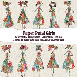 Collaged Art Paper Dolls, Mixed Media Girls Printable, Painted Printable Sublimation Mixed Media, Printable Digital Doll Transparent PNGS