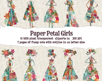 joyful mixed media art paper dolls, collage art fodder, boho printable clipart girls, 300 dpi sublimation files, collage art for artists,