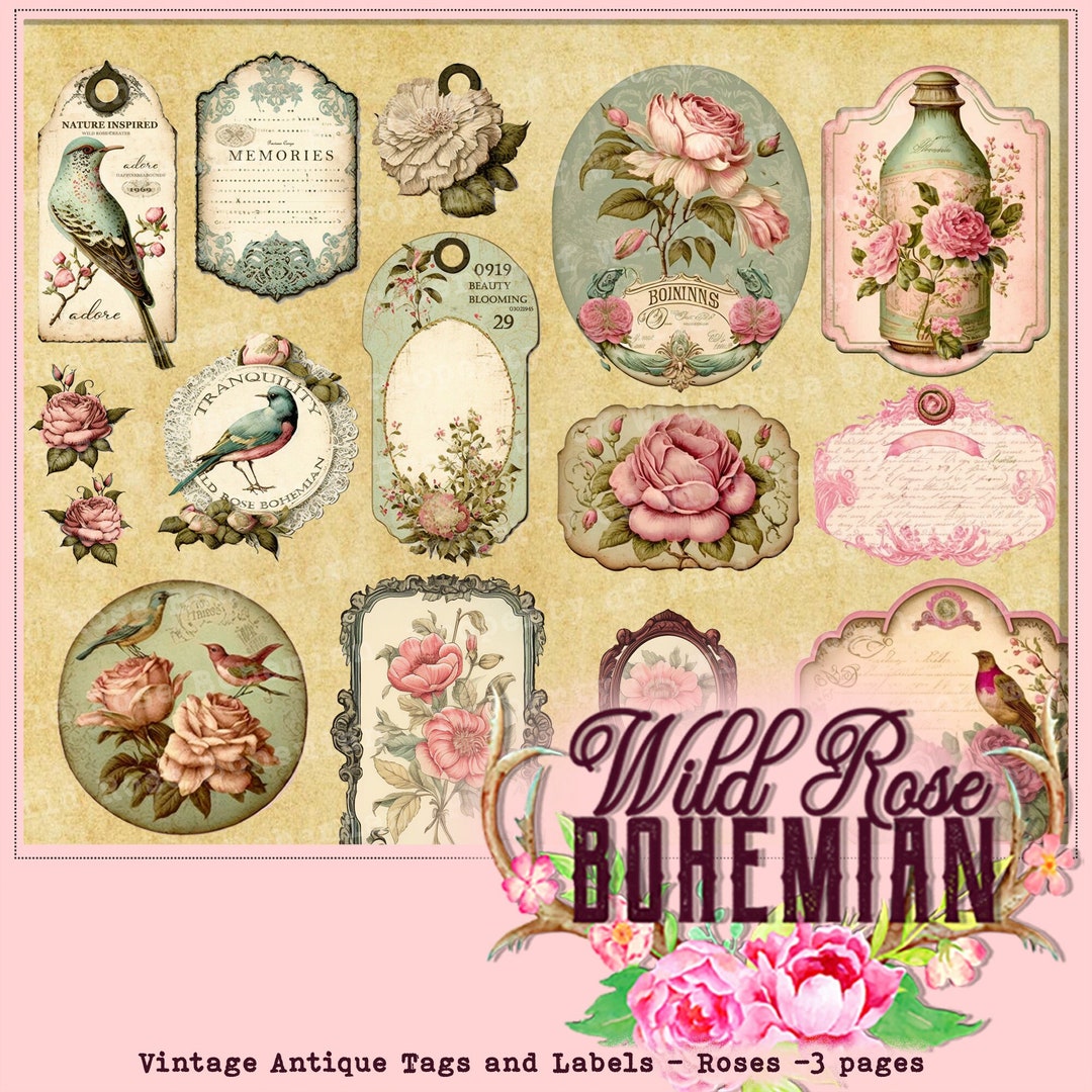Junk Journal Ephemera Kit Vintage Roses, Printable Shabby Chic Roses ...